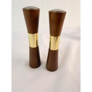 MCM Nasco Wood Salt and Pepper Shakers Brass Band Hourglass Japan 7in Vintage